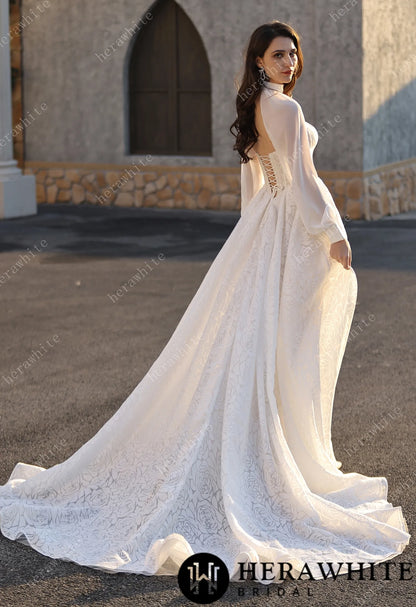 A-line Wedding  Gown In A Floral Print Organza With Detachable Cape HW3831