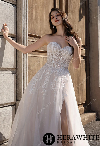 Strapless Sweetheart Beaded Lace Wedding Dress With High illusion Neck HW3841