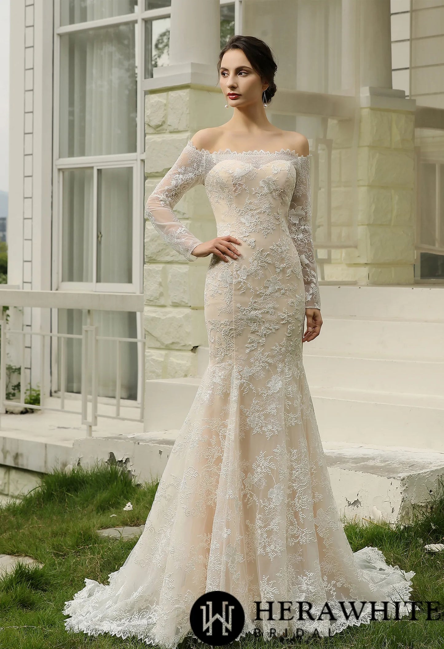 Off-the-Shoulder  Sheath Wedding Dress with Luxury Illusion lace