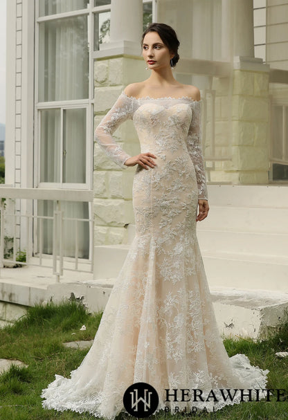 Off-the-Shoulder  Sheath Wedding Dress with Luxury Illusion lace
