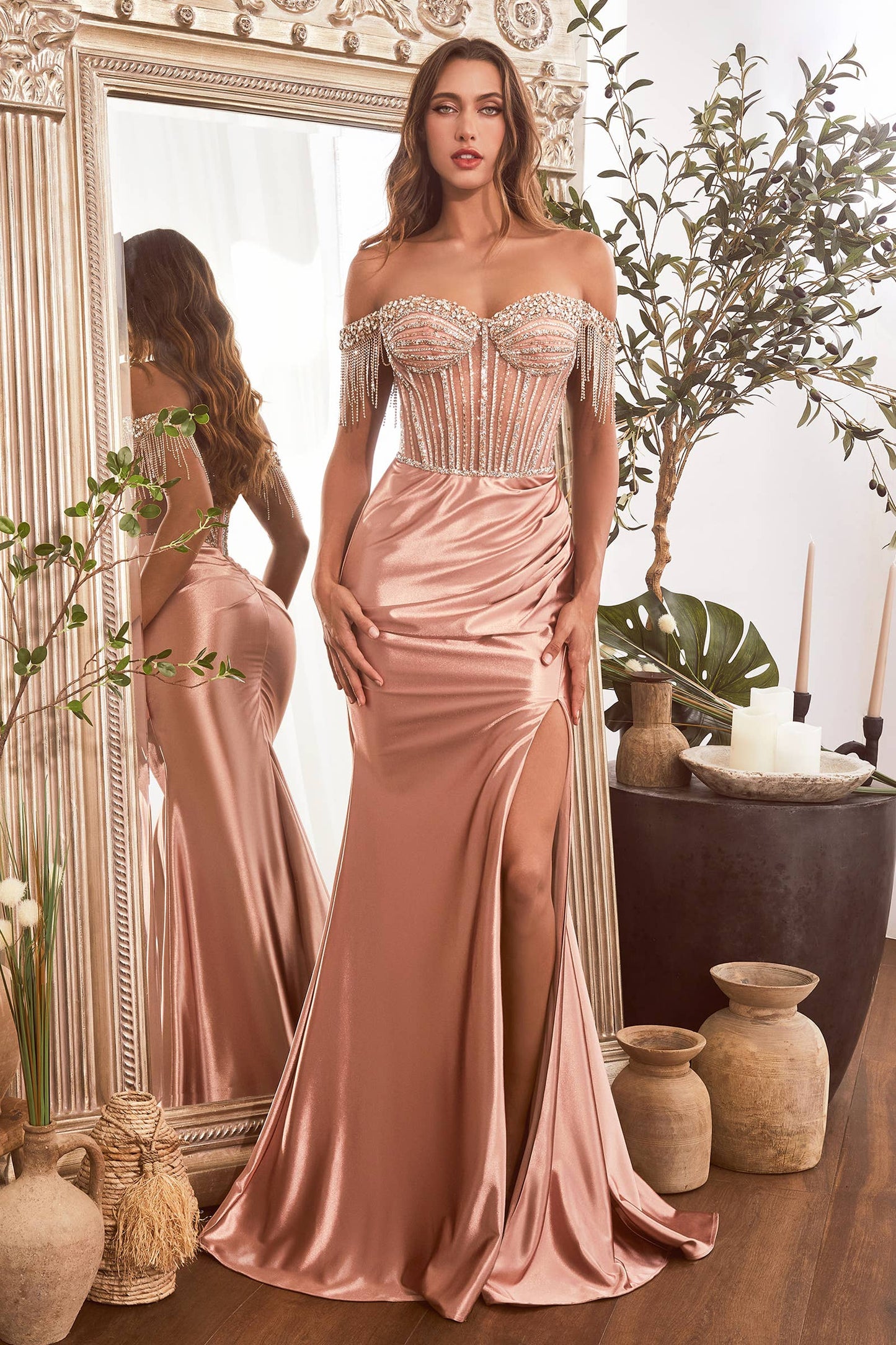 EMBELLISHED OFF THE SHOULDER SATIN FRINGE GOWN