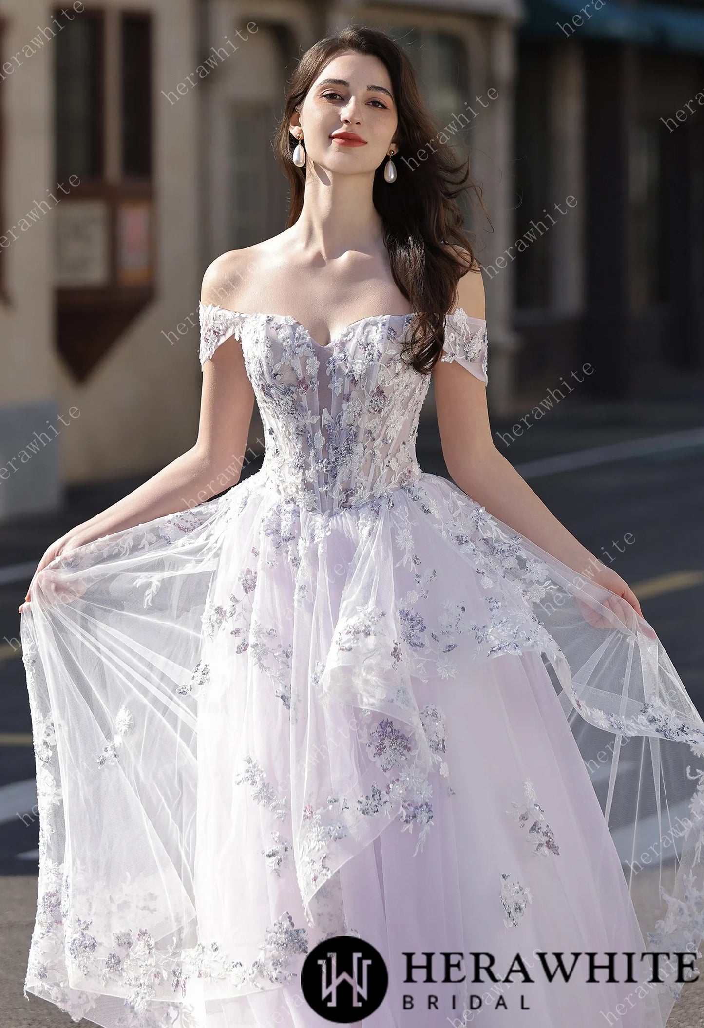 Floral Sheer-Bodice Bridal Gown with Asymmetric Ruffled Skirt HW3856