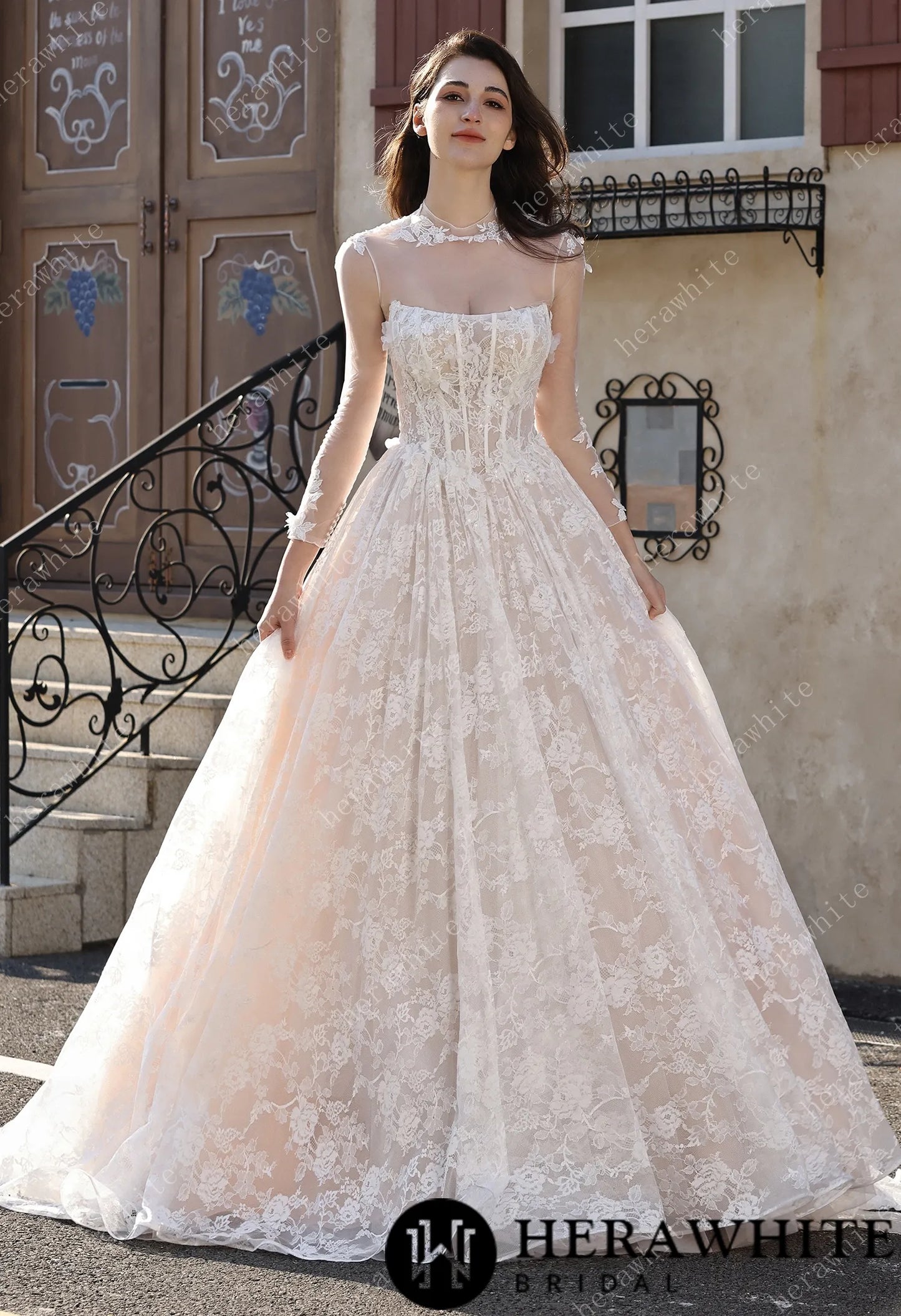 Ethereal Cat Eye Neckline Lace Ballgown Wedding With 3-D Flower Accents HW3817