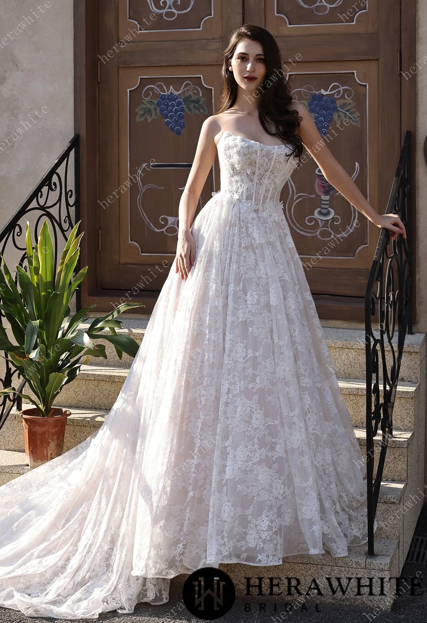 Ethereal Cat Eye Neckline Lace Ballgown Wedding With 3-D Flower Accents HW3817