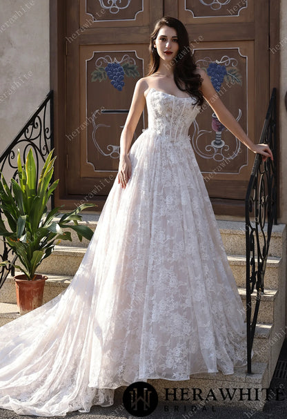 Ethereal Cat Eye Neckline Lace Ballgown Wedding With 3-D Flower Accents HW3817