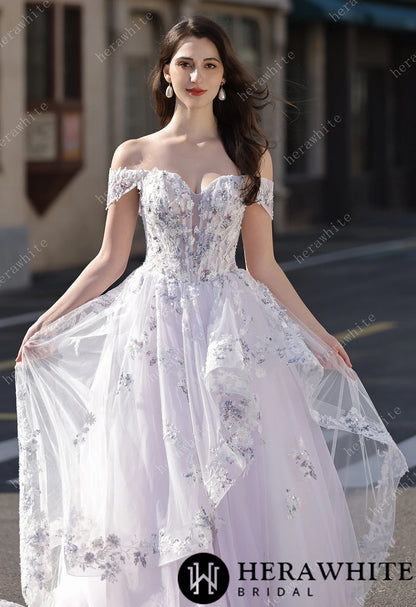 Floral Sheer-Bodice Bridal Gown with Asymmetric Ruffled Skirt HW3856
