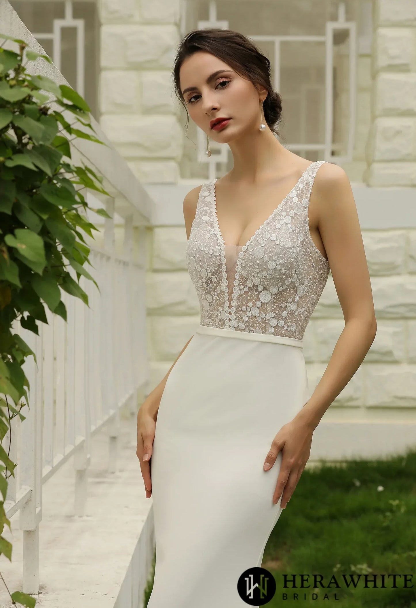 Semi Sheer Bodice Creap Weddding Dress