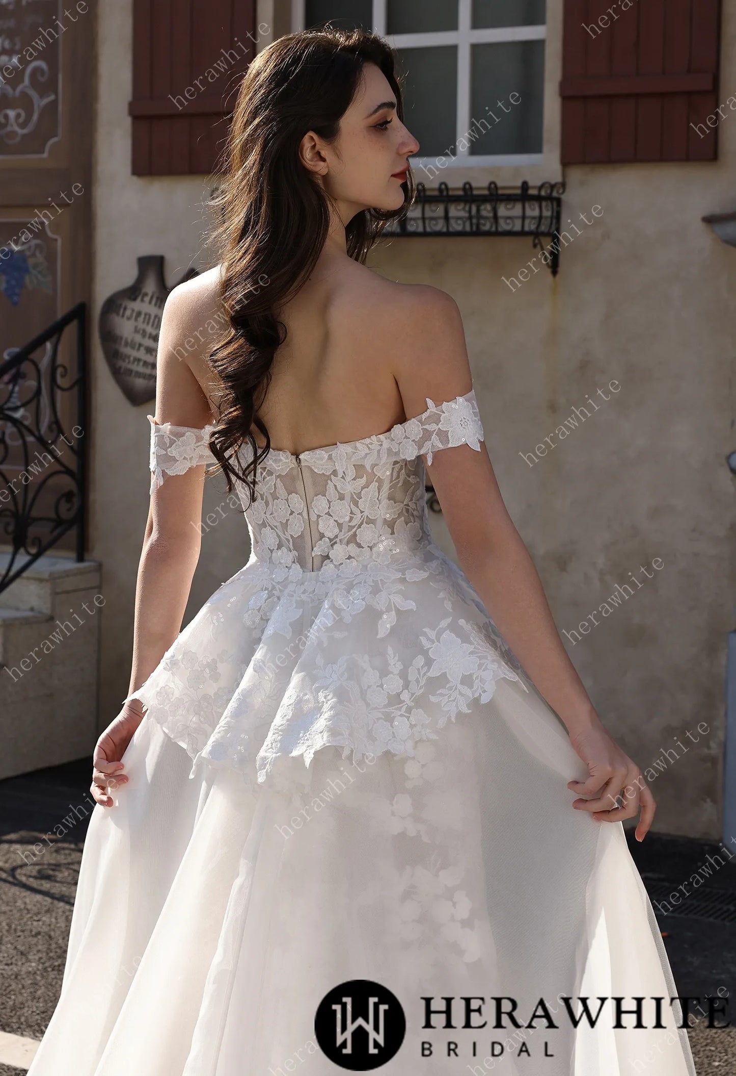 Couture Off-the-Shoulder Floral Lace Mermaid Gown With Detachable Overskirt HW3801-O