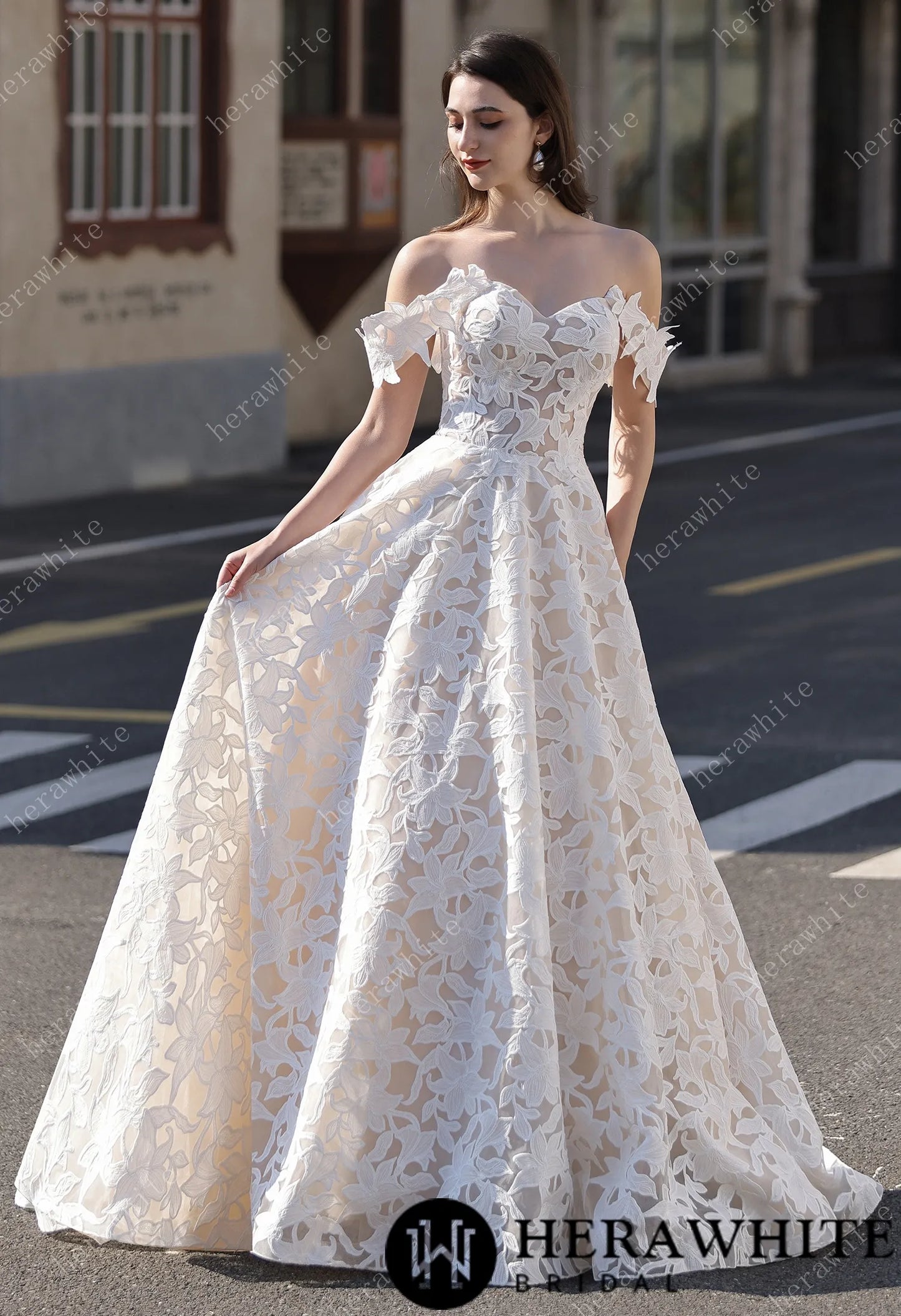 Romantic Off-the-Shoulder  Princess Dress In Floral Lace HW3824