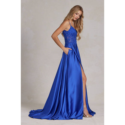 Embroidered Corset Gown with A-Line Satin Skirt K1121