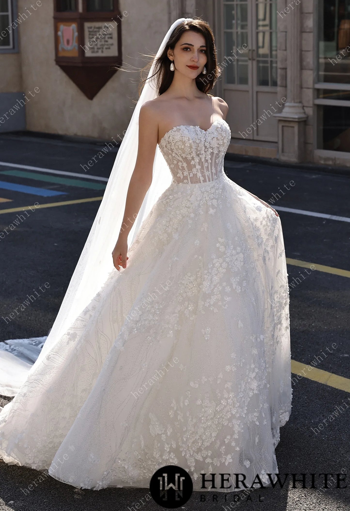 Off-the-Shoulder Sheer Floral Lace With Glitter A-Line Romantic Wedding Dress HW3822