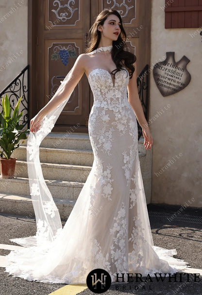 Couture Off-the-Shoulder Floral Lace Mermaid Gown With Detachable Overskirt HW3801-O