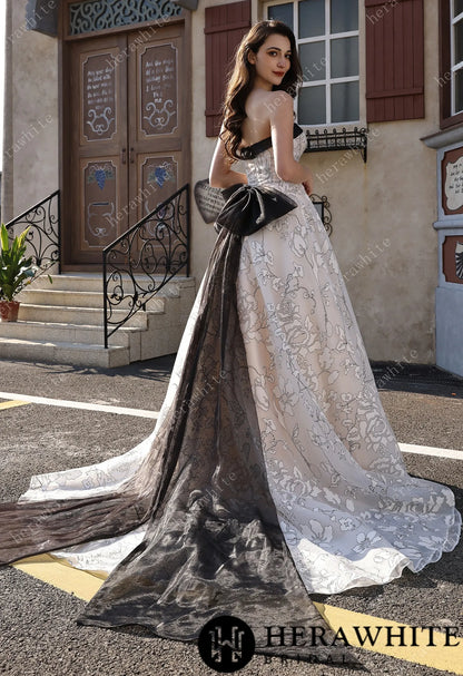 Strapless Black & Ivory Line-Art Floral Organza Bridal Gown With Back Detachable Bow HW3820