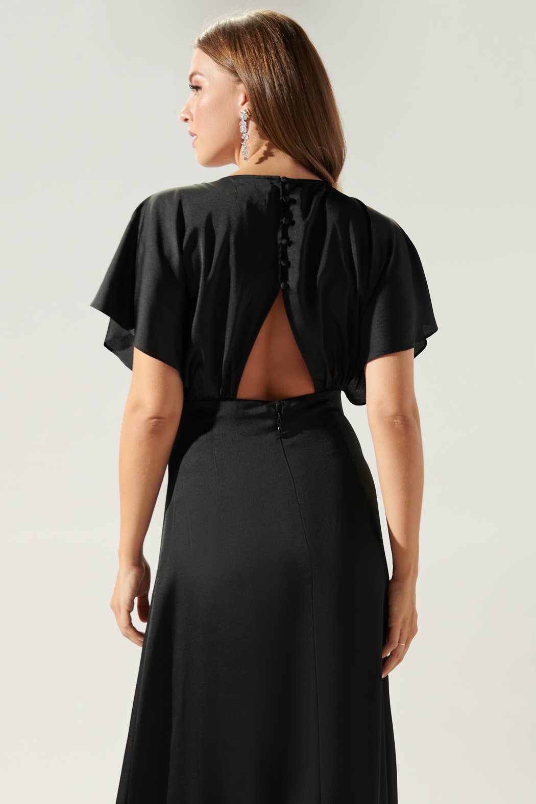 Darling Flutter Sleeve Cut Out Satin Maxi Dress: Champagne / XL