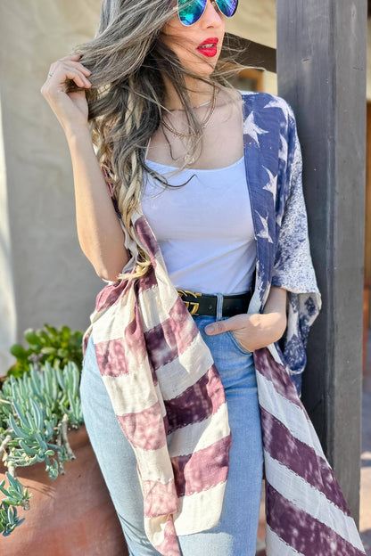 4th of July Vintage American Flag Printed Kimono Cover Up