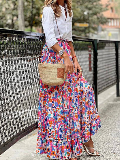 Printed Ruffled Hem Full Skirt