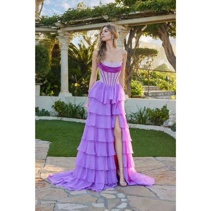 TIERED CHIFFON GOWN WITH STRUCTURED SHIMMERING BODICE