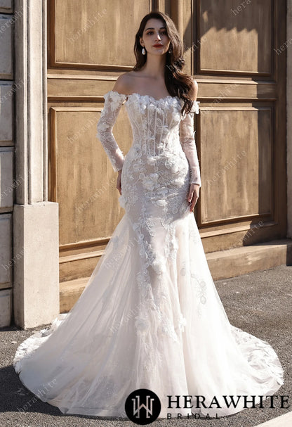 Off-the-Shoulder  3D Flower Lace Fit And Flare Wedding Dress HW3809