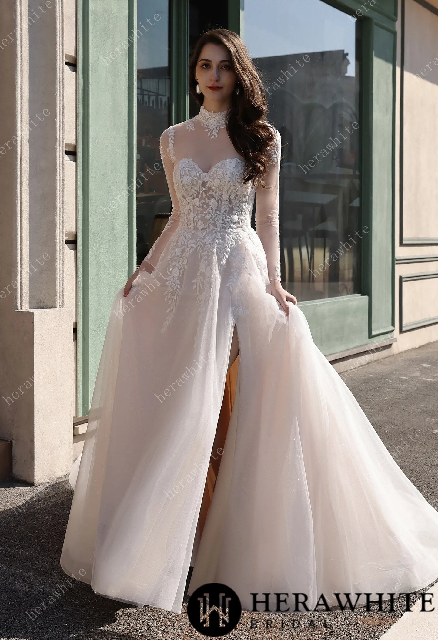 Strapless Sweetheart Beaded Lace Wedding Dress With High illusion Neck HW3841
