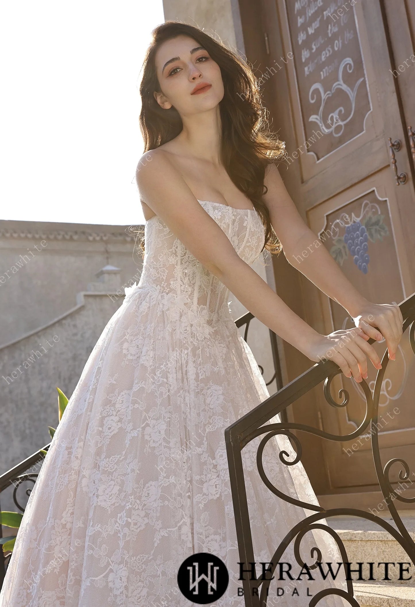 Ethereal Cat Eye Neckline Lace Ballgown Wedding With 3-D Flower Accents HW3817