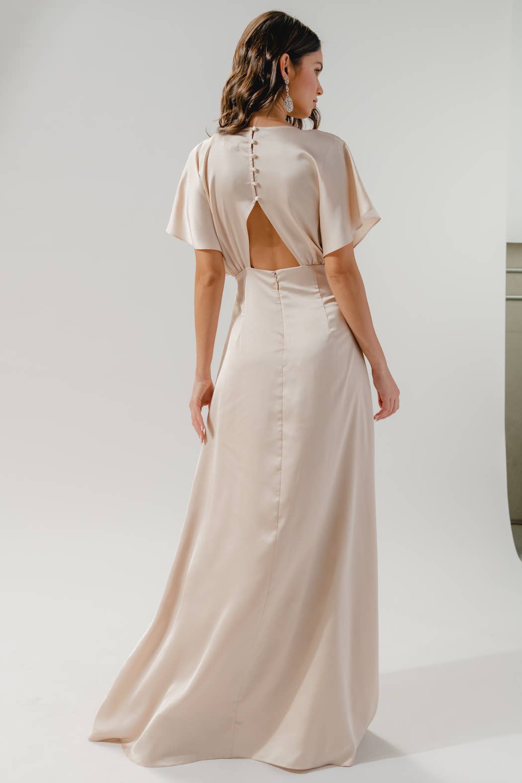 Darling Flutter Sleeve Cut Out Satin Maxi Dress: Champagne / L