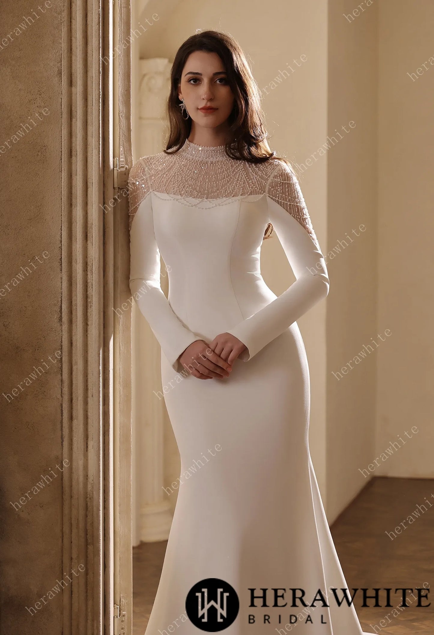 Sparkling Sheer High-Neck Beaded Mesh Long Sleeves Crepe Gown HW3855