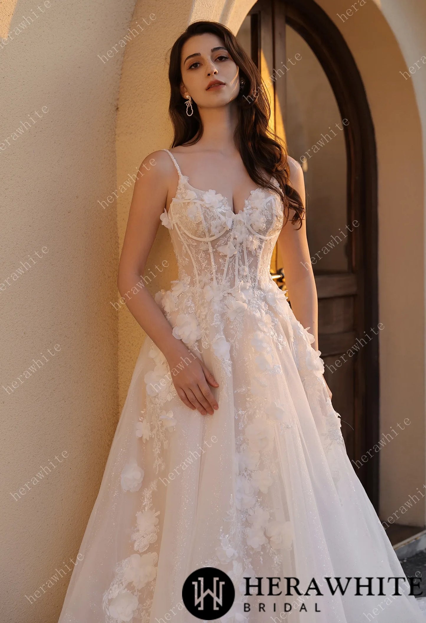 Spaghetti Strap 3D Floral Tulle Wedding Gown – Ethereal Ivory Bridal Dress with Train HW3806