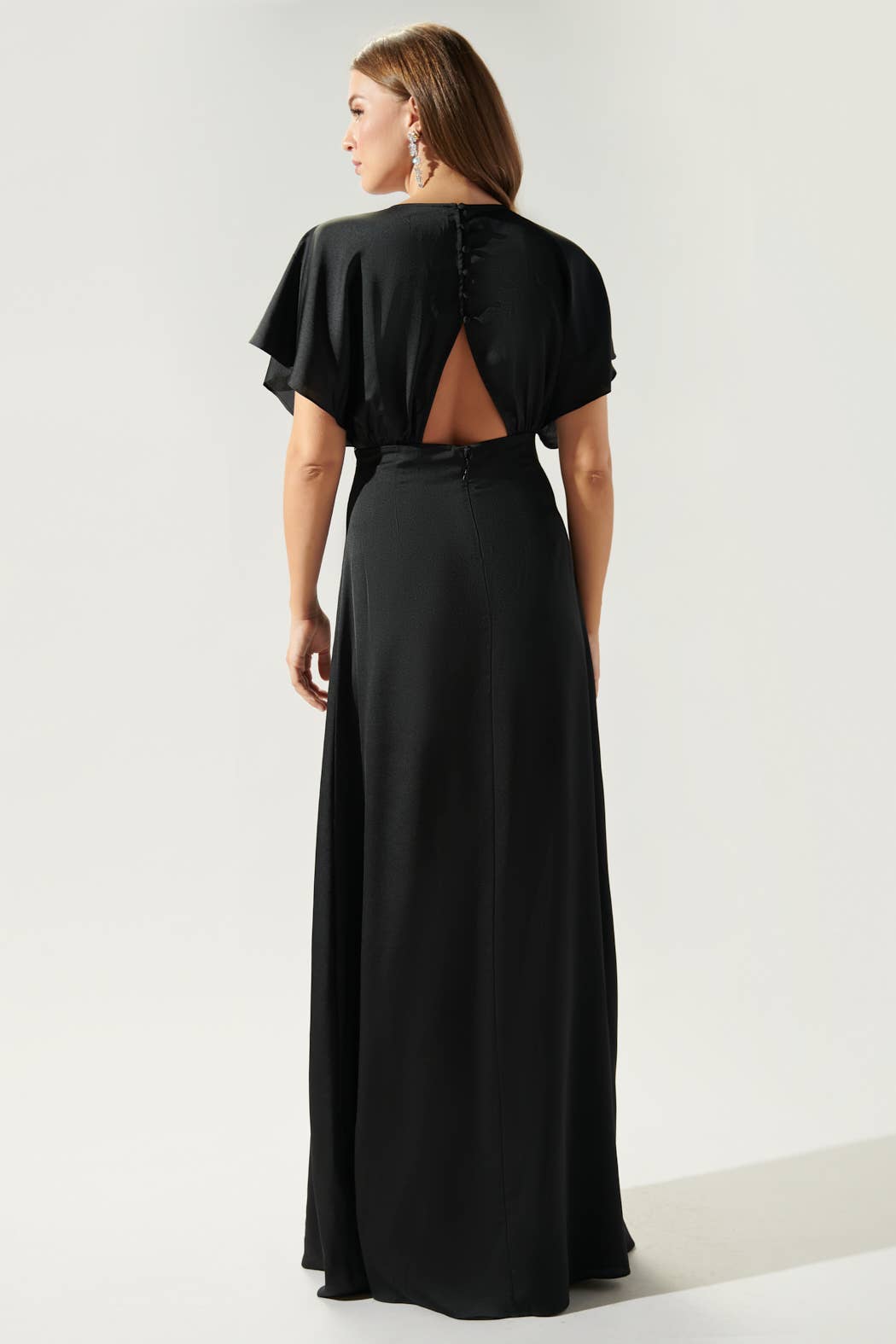 Darling Flutter Sleeve Cut Out Satin Maxi Dress: Black / L