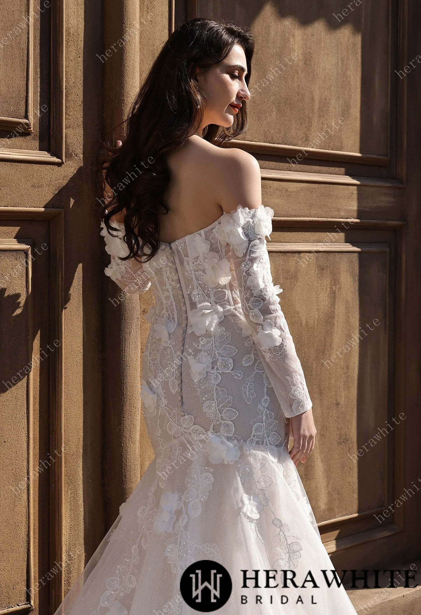 Off-the-Shoulder  3D Flower Lace Fit And Flare Wedding Dress HW3809