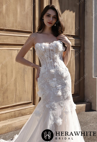 Off-the-Shoulder  3D Flower Lace Fit And Flare Wedding Dress HW3809