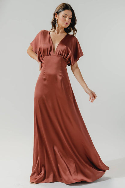 Darling Flutter Sleeve Cut Out Satin Maxi Dress: Champagne / L