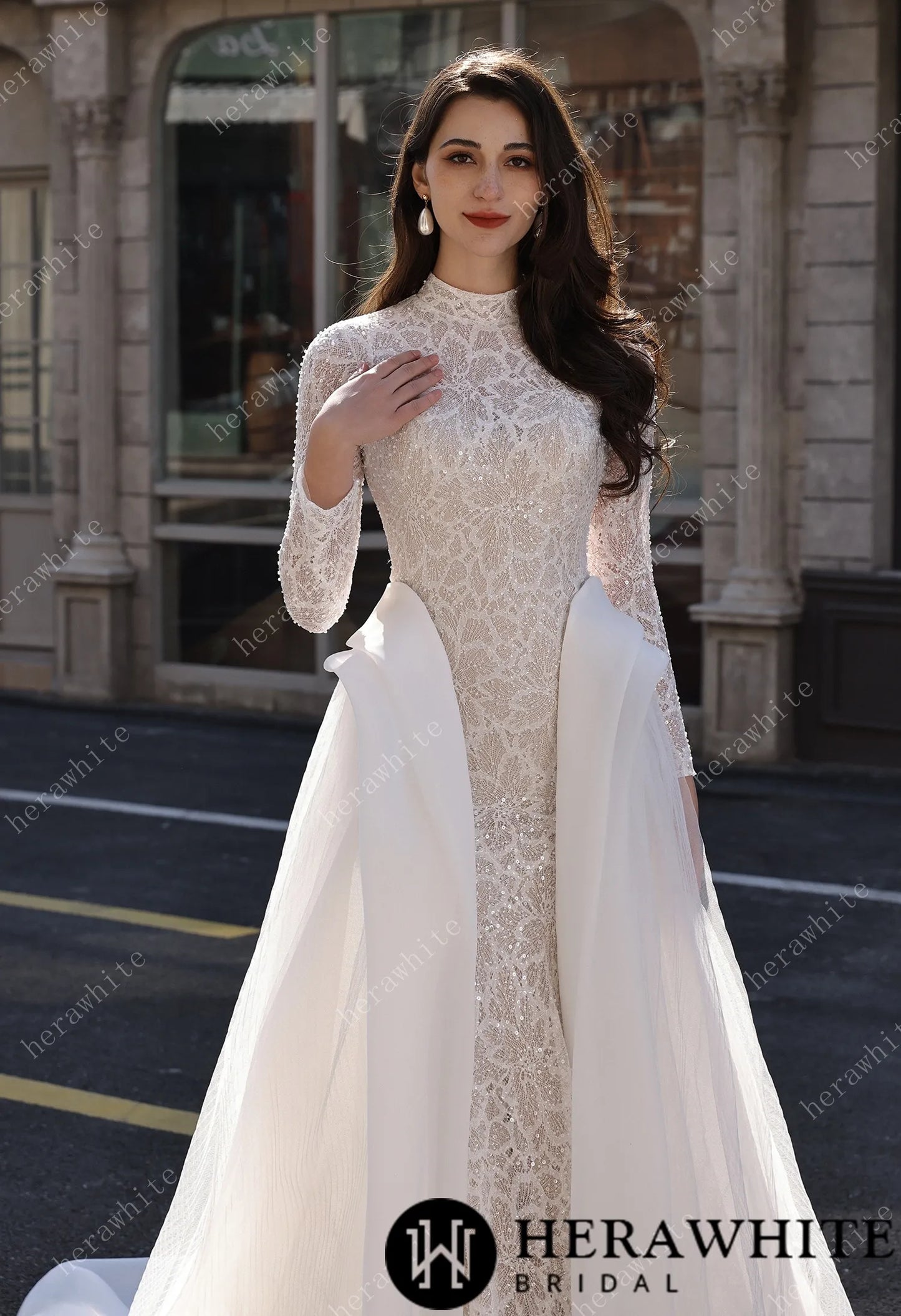 Elegant High-Neck Sequin Lace Sheath Gown with Detachable Sheer Train HW3843