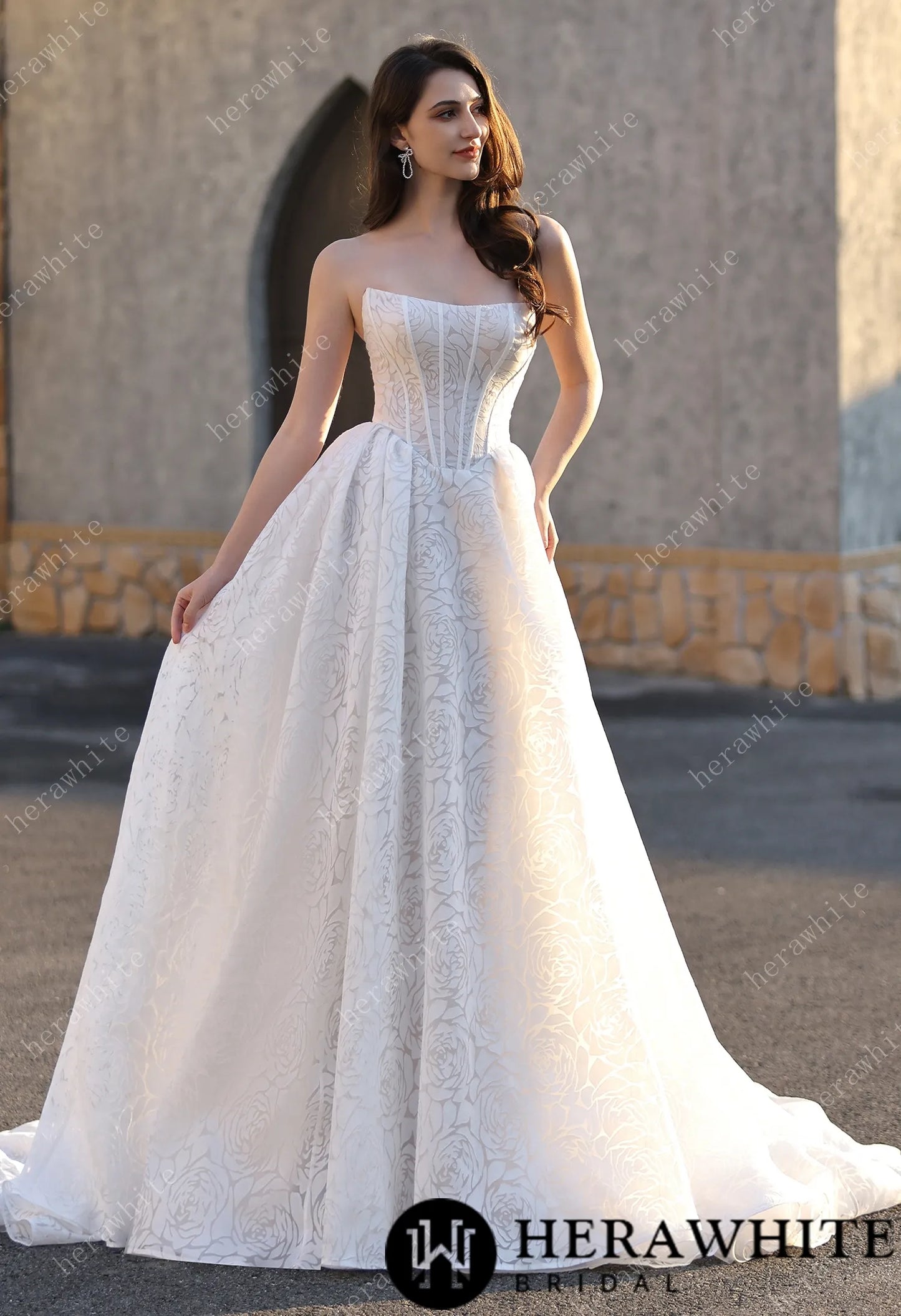 A-line Wedding  Gown In A Floral Print Organza With Detachable Cape HW3831