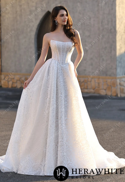 A-line Wedding  Gown In A Floral Print Organza With Detachable Cape HW3831
