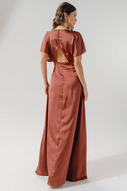 Darling Flutter Sleeve Cut Out Satin Maxi Dress: Champagne / L