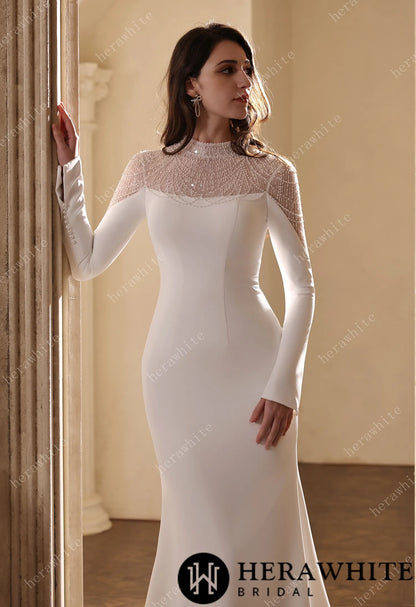 Sparkling Sheer High-Neck Beaded Mesh Long Sleeves Crepe Gown HW3855