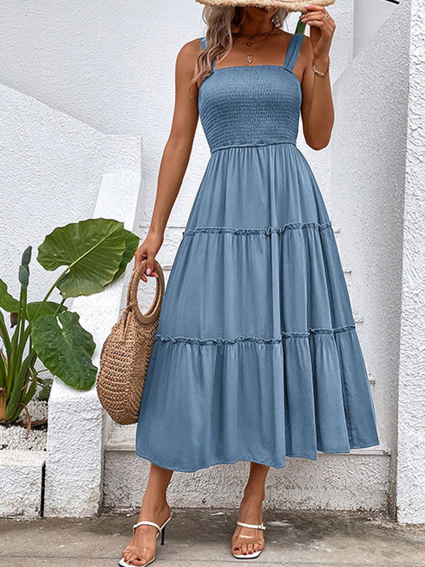 Solid Color Suspender Square Neck Dress