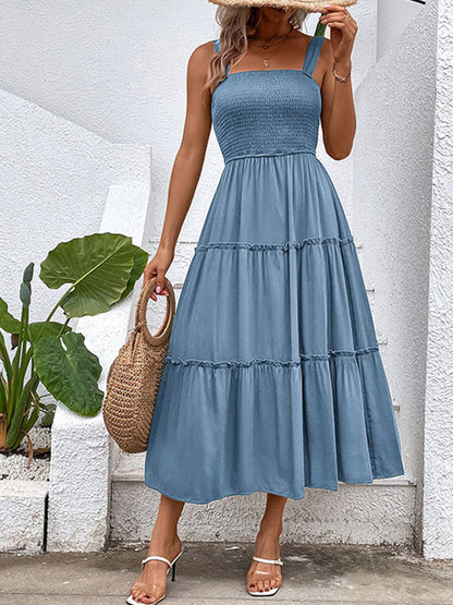 Solid Color Suspender Square Neck Dress