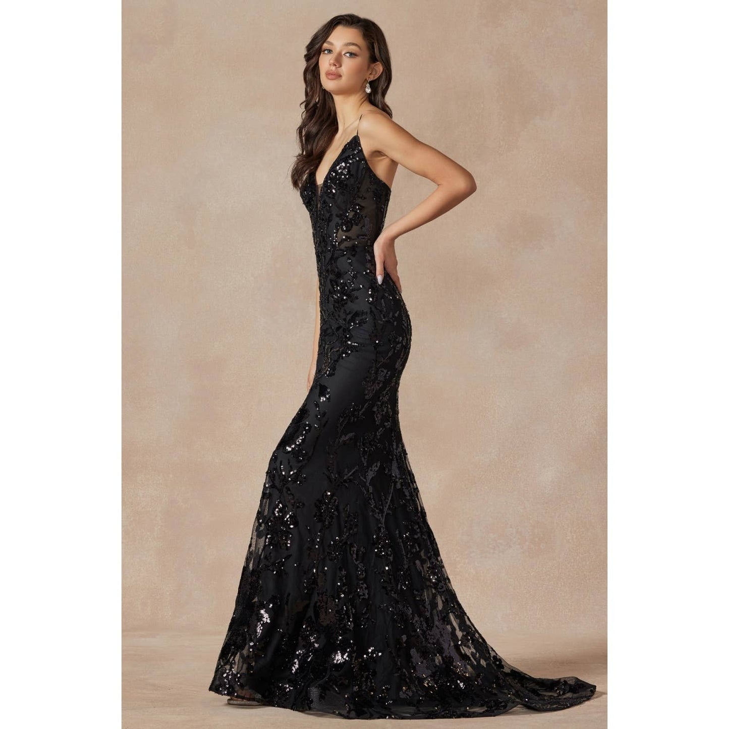 SEQUIN LACE EMBELLISHMENTS FITTED PROM GOWN