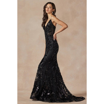 SEQUIN LACE EMBELLISHMENTS FITTED PROM GOWN