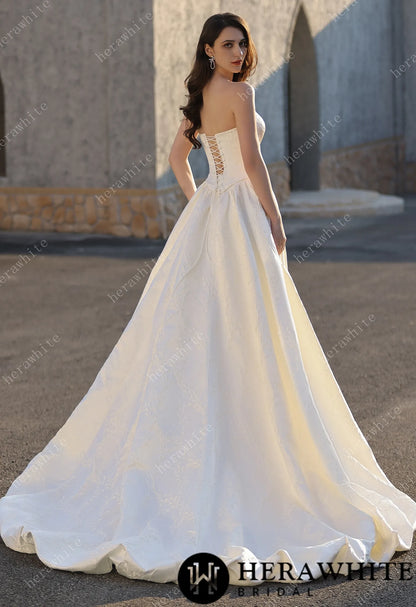 Jacquard Satin Wedding  Ball Gown Dresses With Dramatic Train HW3816B