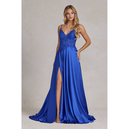 Embroidered Corset Gown with A-Line Satin Skirt K1121