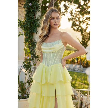 TIERED CHIFFON GOWN WITH STRUCTURED SHIMMERING BODICE