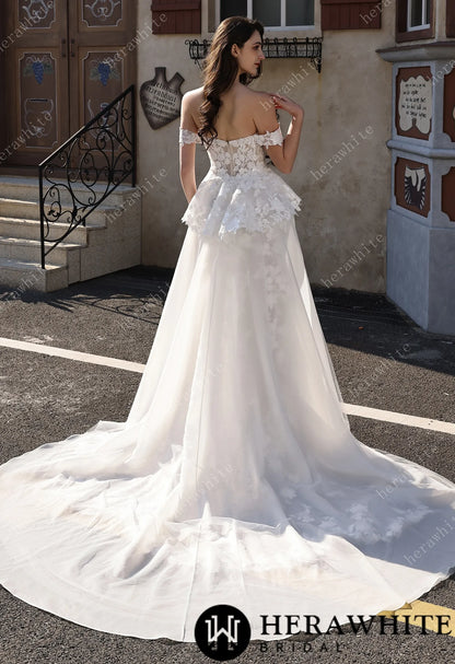Couture Off-the-Shoulder Floral Lace Mermaid Gown With Detachable Overskirt HW3801-O