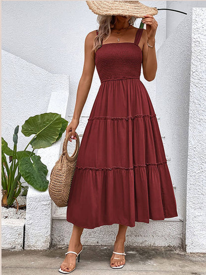 Solid Color Suspender Square Neck Dress