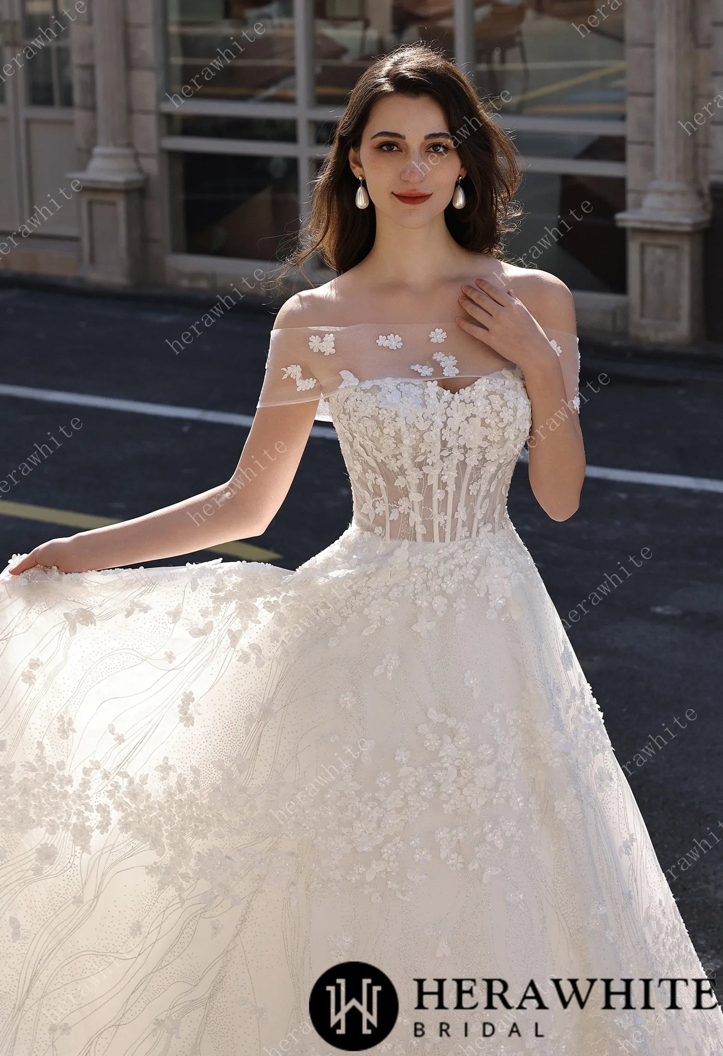 Off-the-Shoulder Sheer Floral Lace With Glitter A-Line Romantic Wedding Dress HW3822