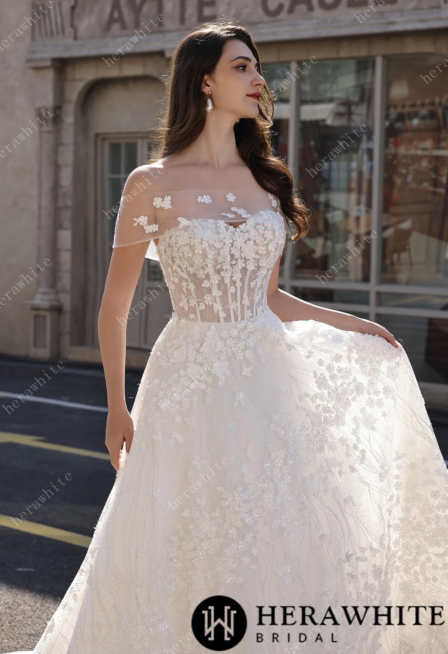 Off-the-Shoulder Sheer Floral Lace With Glitter A-Line Romantic Wedding Dress HW3822