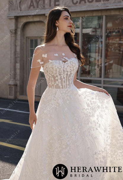 Off-the-Shoulder Sheer Floral Lace With Glitter A-Line Romantic Wedding Dress HW3822