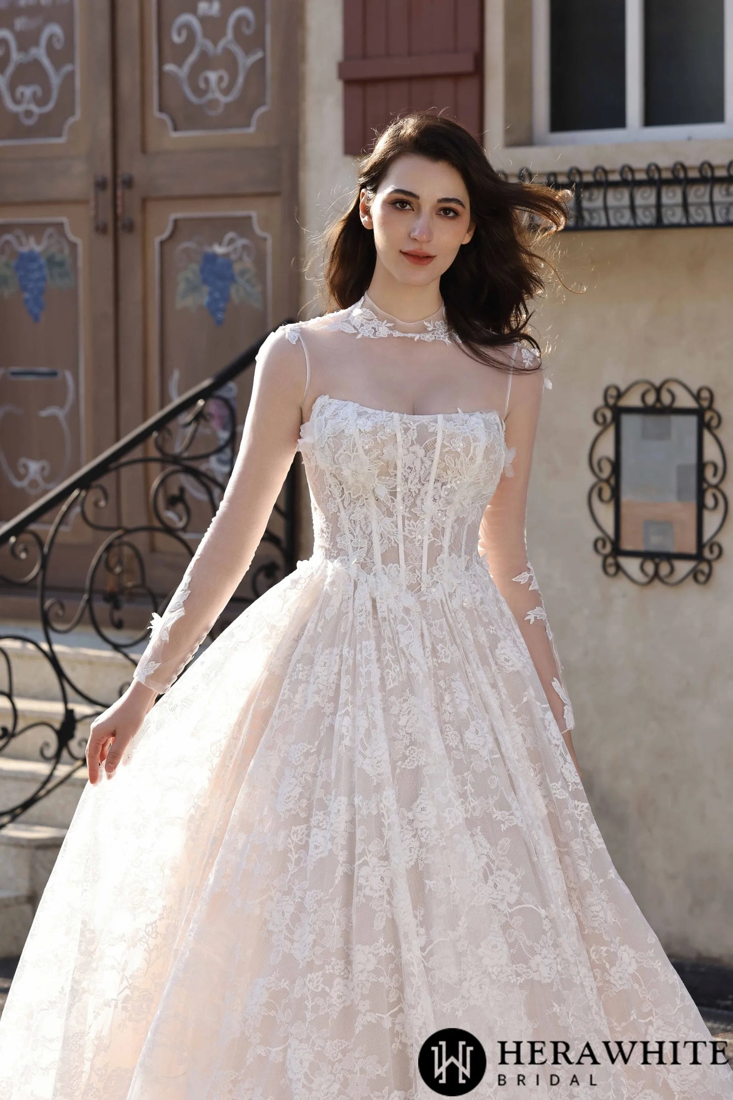 Ethereal Cat Eye Neckline Lace Ballgown Wedding With 3-D Flower Accents HW3817