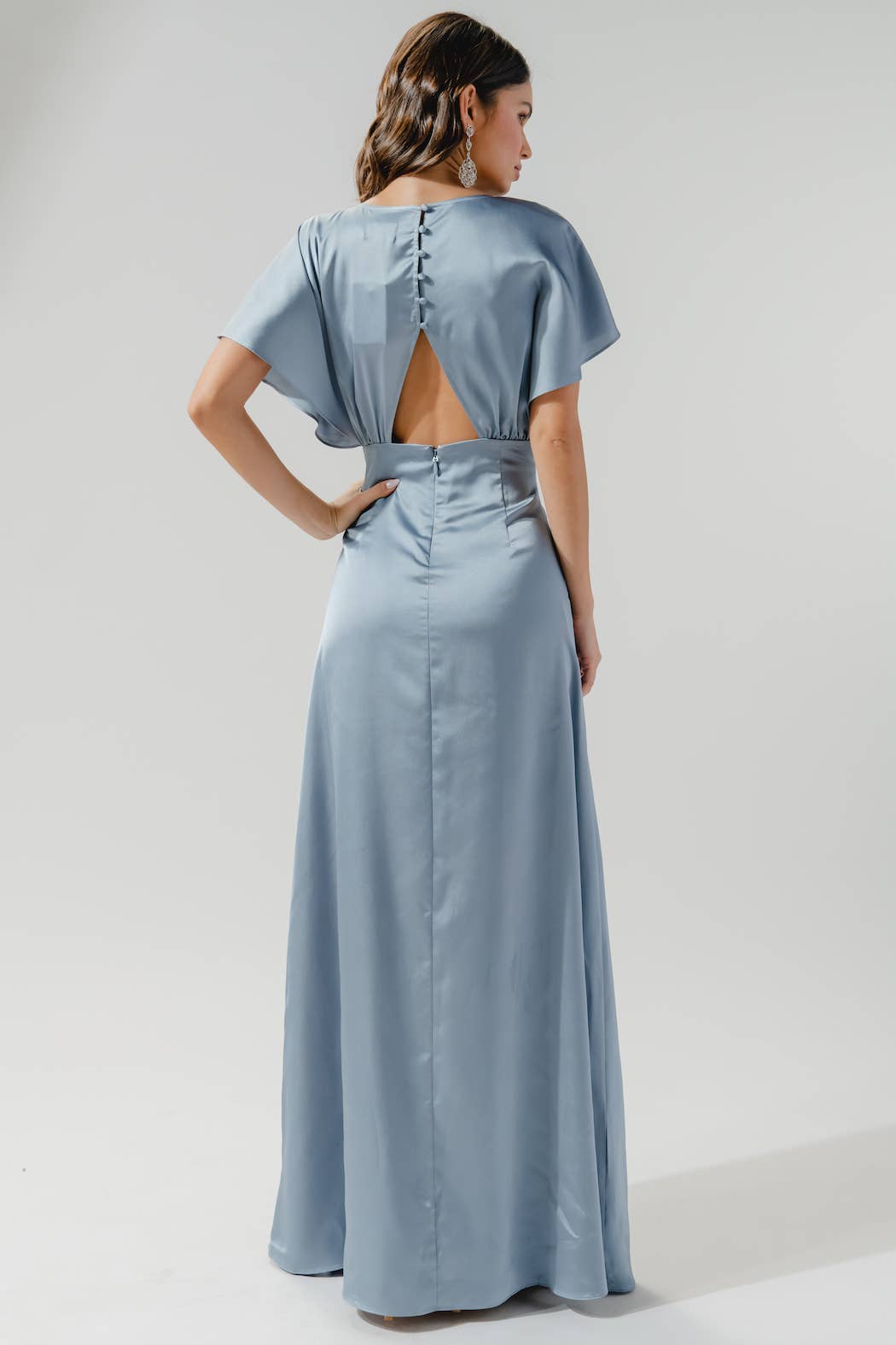 Darling Flutter Sleeve Cut Out Satin Maxi Dress: Champagne / L
